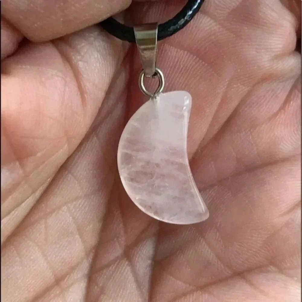 Rose Quartz Moon Pendant Leather Necklace NWT